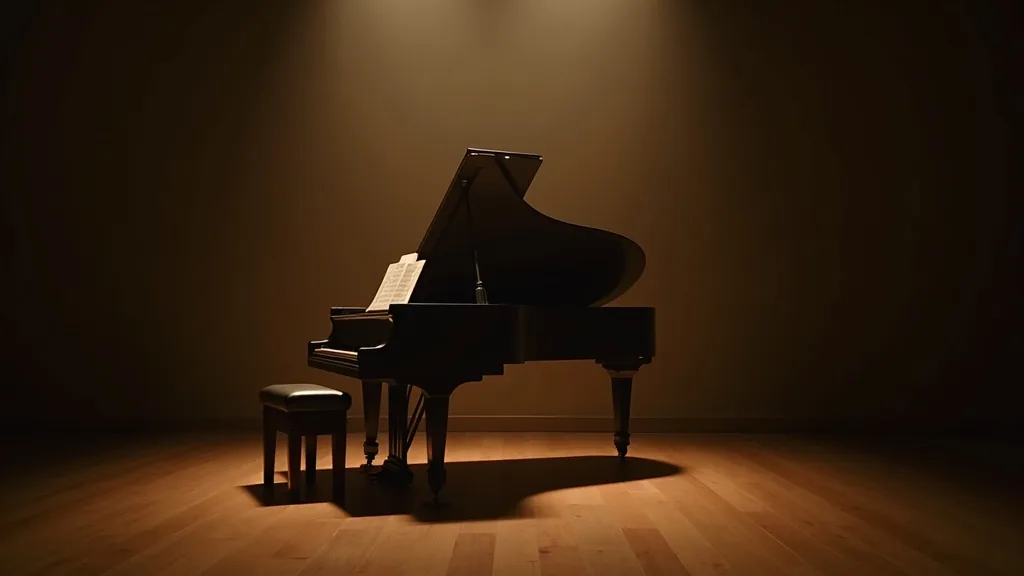 piano droit usé au clavier ouvert dans un coin de salle, lumière chaude tamisée a Lyon
