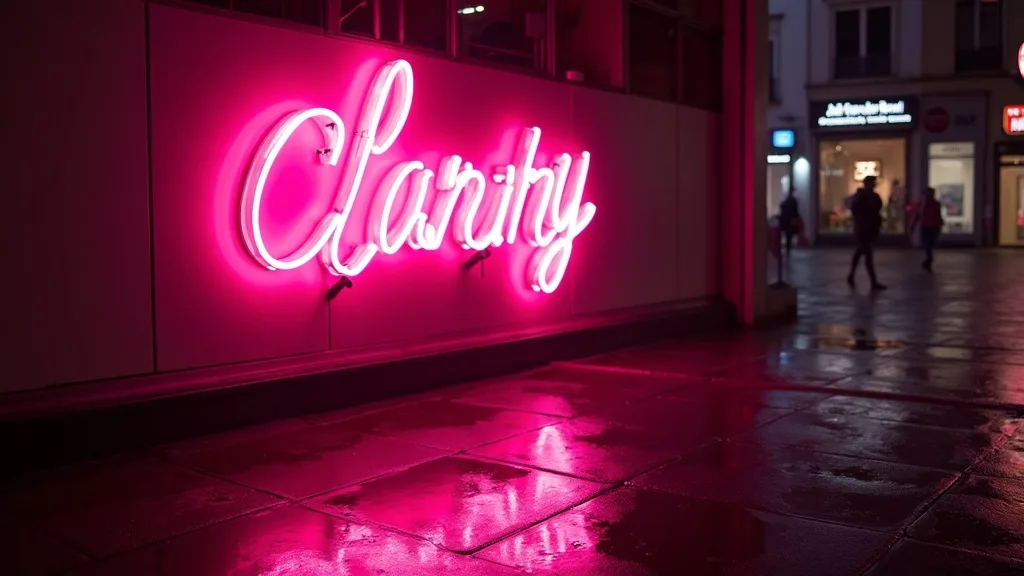 enseigne lumineuse abstraite, reflets roses sur mur humide a Lyon
