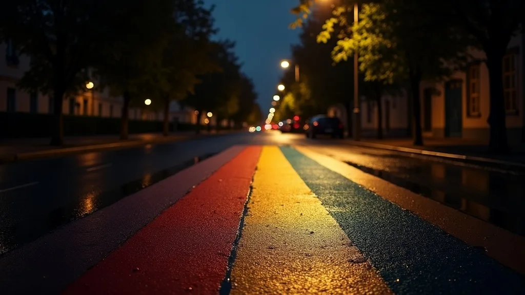 passage piéton arc-en-ciel mouillé sous un lampadaire la nuit a Lyon