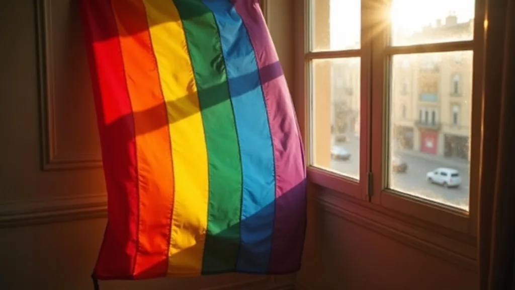 drapeau arc-en-ciel enroulé autour de sa hampe dans un angle, lumière dorée a Lyon