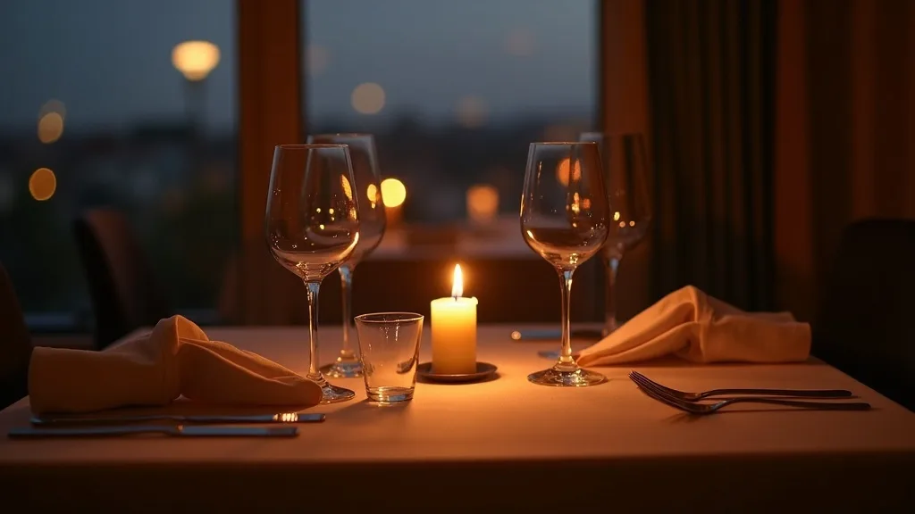 table de dîner aux chandelles dressée pour deux, lumière chaude du soir a Lyon