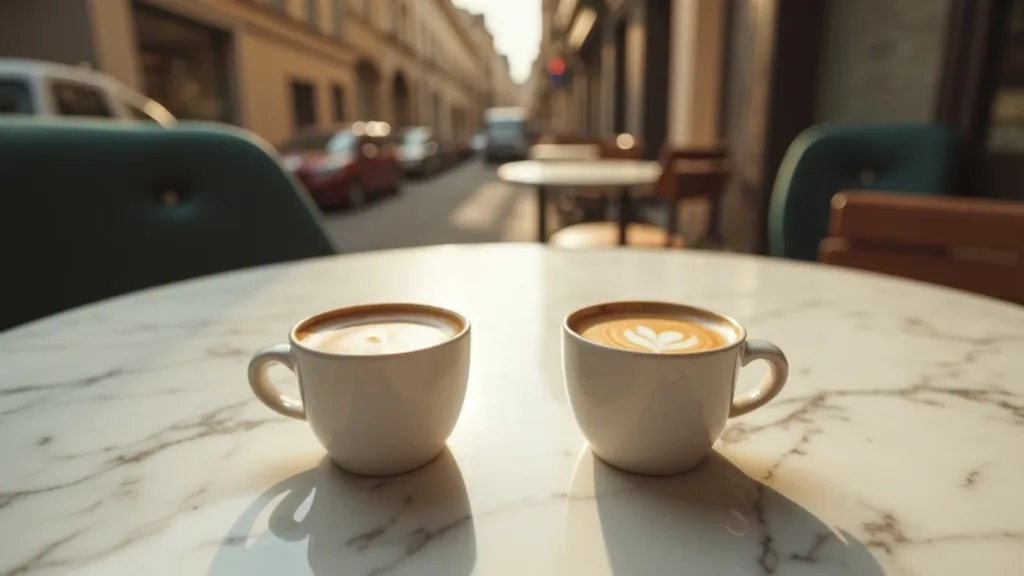 deux petits espressos côte à côte sur une table de bistrot en marbre a Lyon
