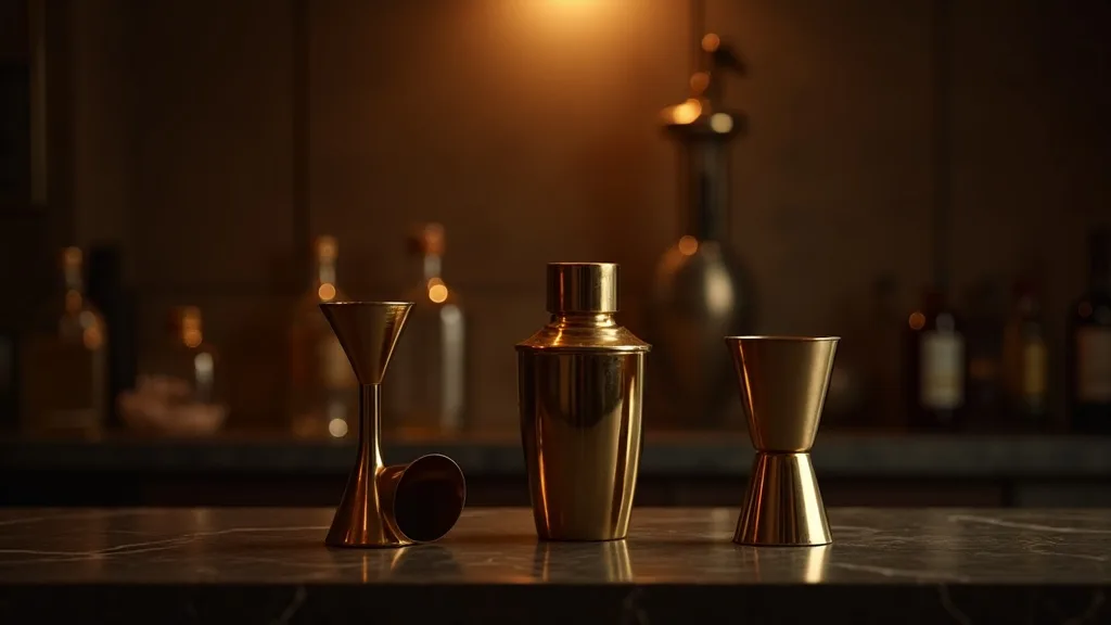 shaker en laiton, jigger et cuillère de bar sur marbre sombre a Lyon