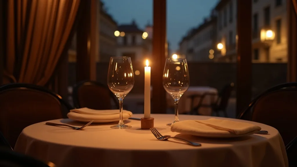 table de dîner aux chandelles dressée pour deux, lumière chaude du soir a Lyon