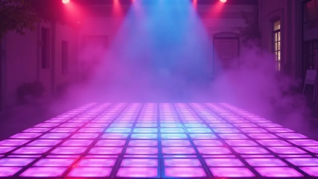 piste de danse au néon, carrés réfléchissants magenta et cyan a Lyon