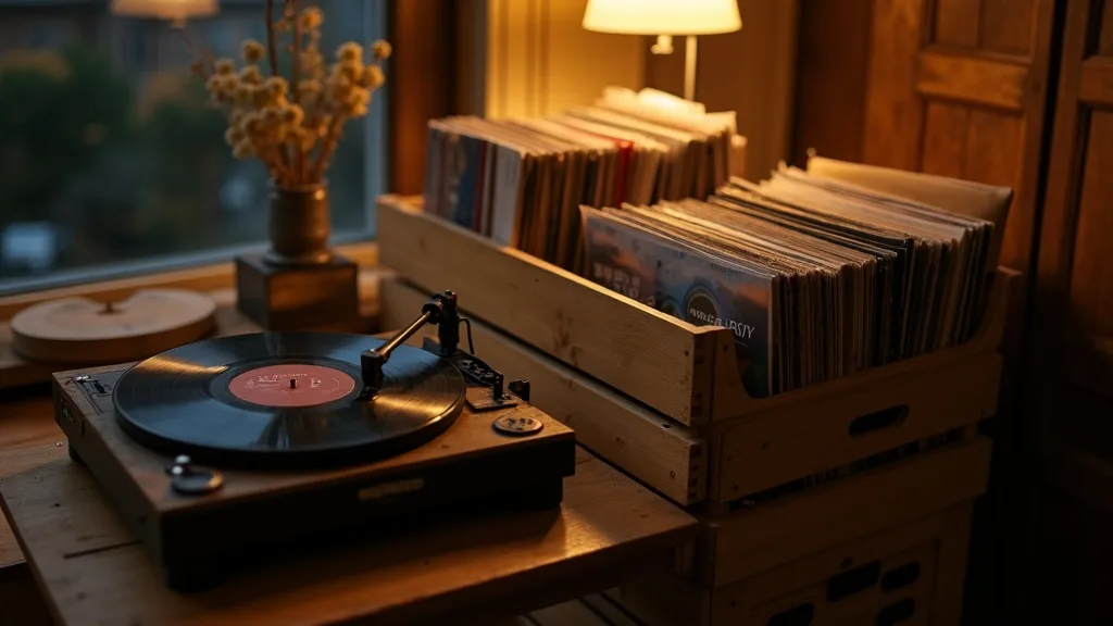 bacs de disques en bois et platine, lumière chaude sur les pochettes a Lyon