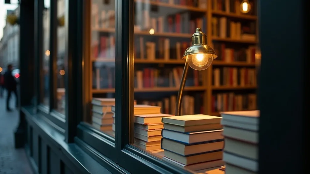 vitrine de librairie independante remplie de livres, lampe en laiton a Lyon